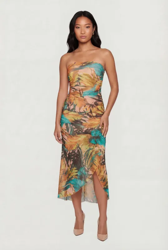 Side Ruched Leaf Print Mesh Overlay Tube Dress made by Rainbow