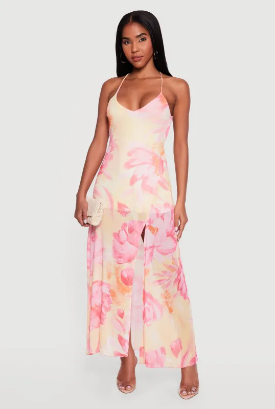 Floral Mesh Criss Cross Back Maxi Dress made by Rainbow