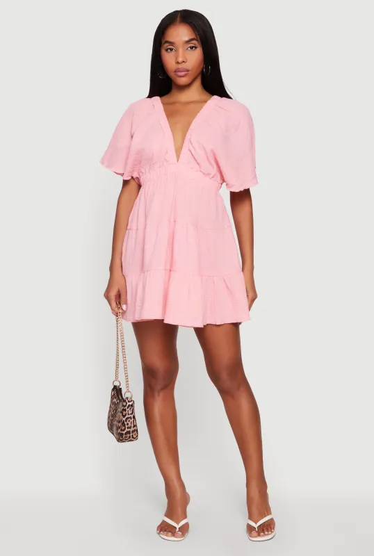 Gauze Knit Plunge Neck Tiered Mini Dress made by Rainbow