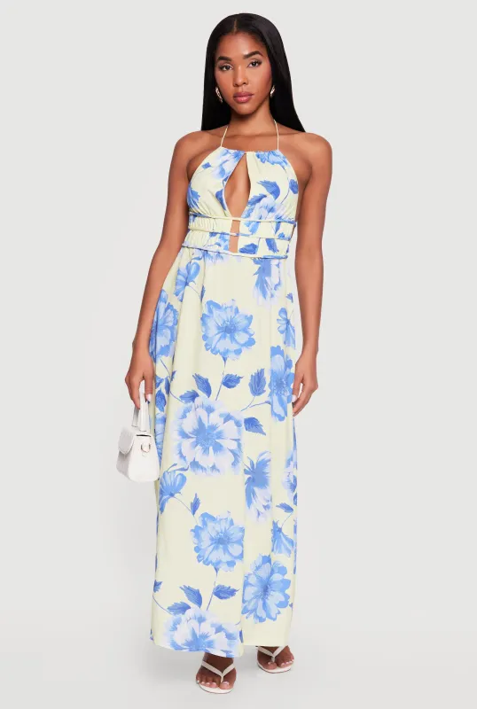 Floral Keyhole Front Open Back Halter Maxi Dress made by Rainbow