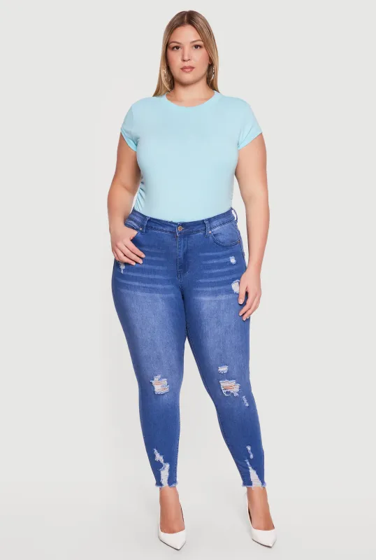 Plus Size WAX Distressed Frayed Hem Skinny Jeans made by Rainbow