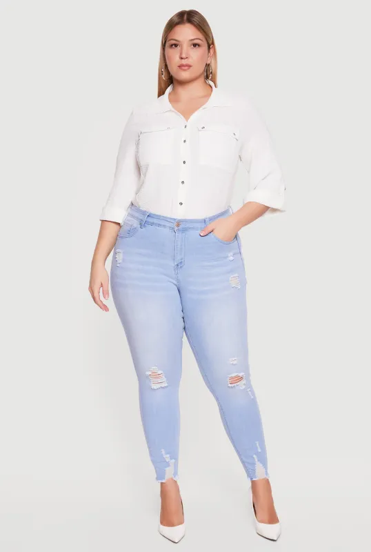 Plus Size WAX Distressed Frayed Hem Skinny Jeans sold by Rainbow