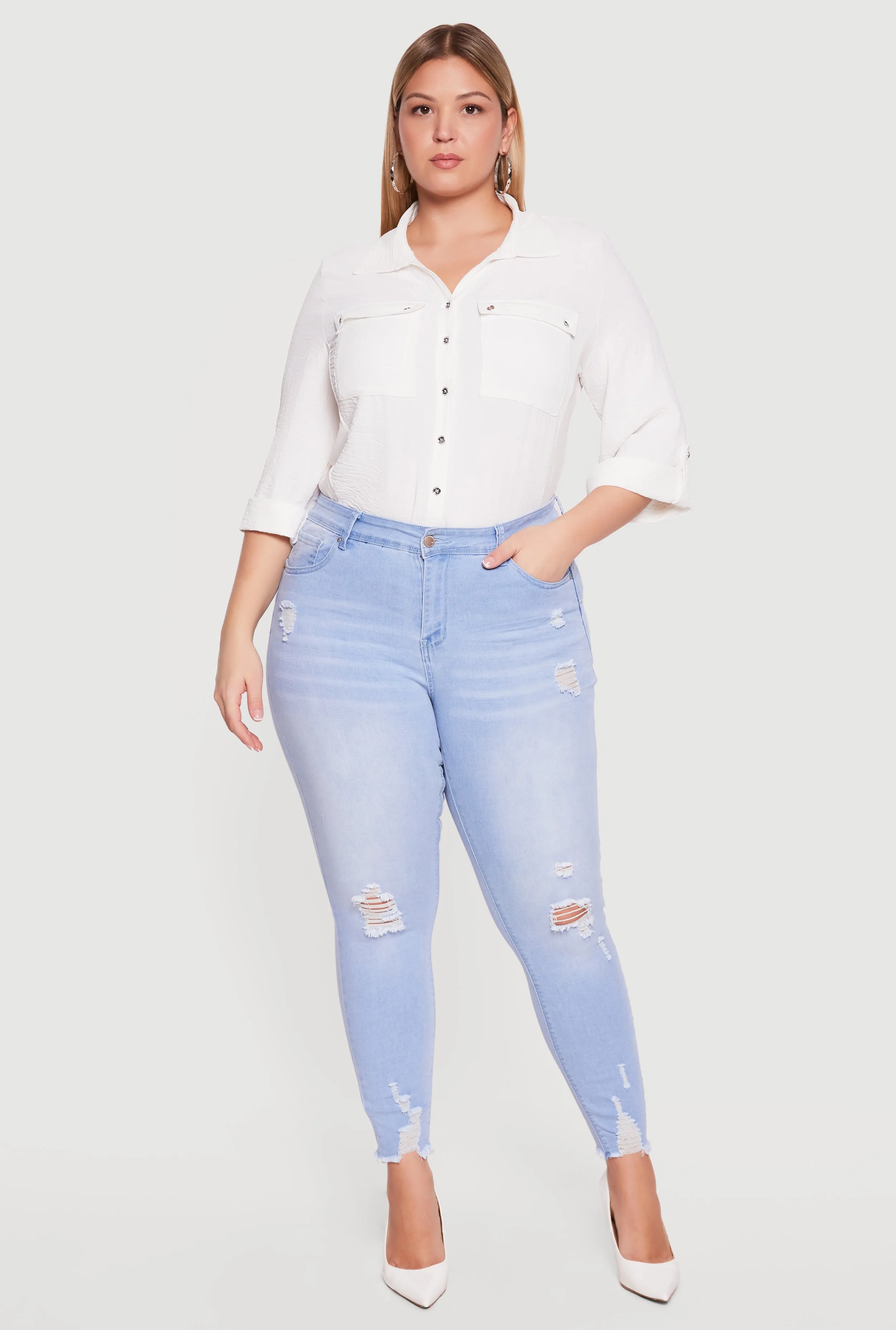 Plus Size WAX Distressed Frayed Hem Skinny Jeans sold by Rainbow