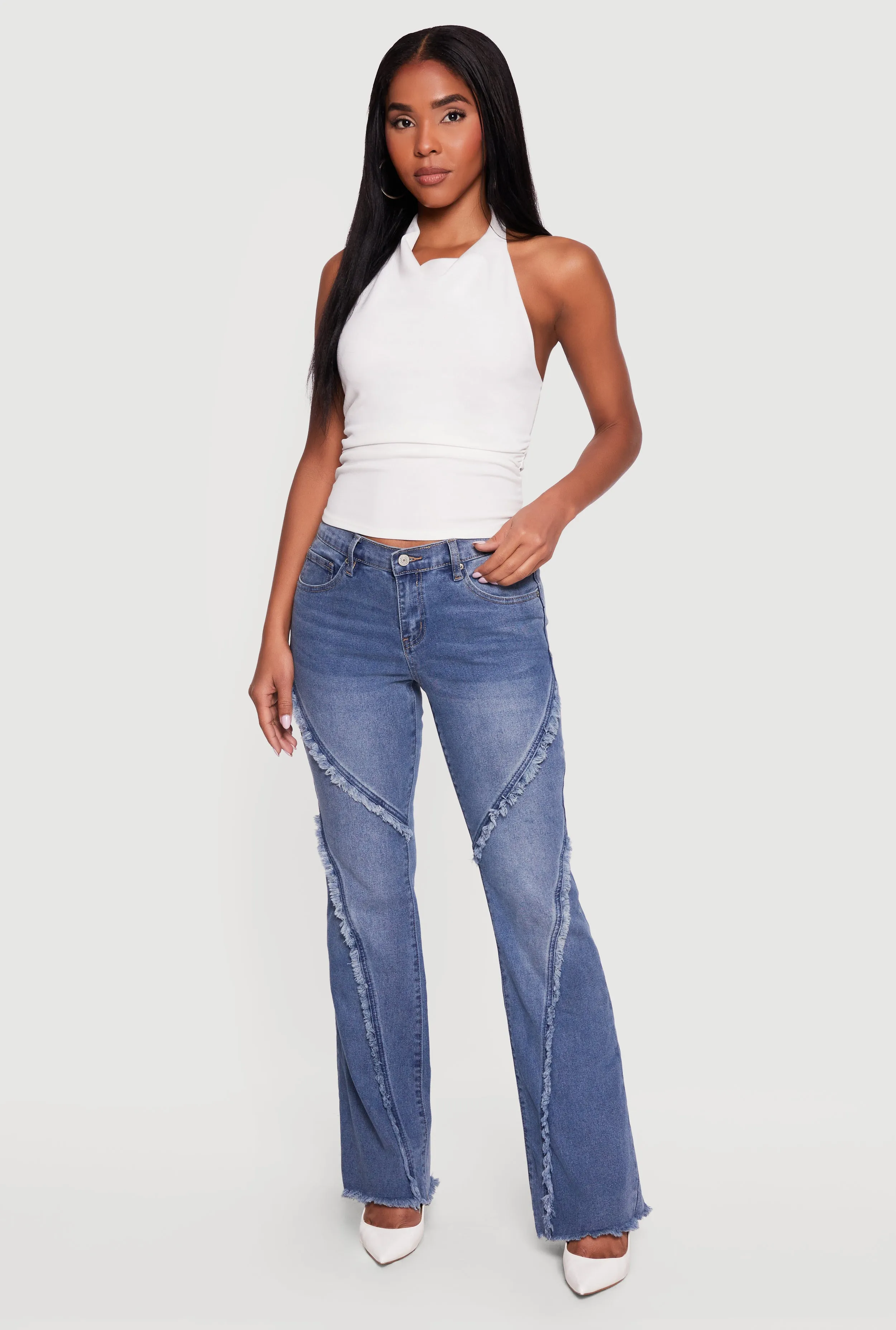 Almost Famous Frayed Trim Bootcut Jeans sold by Rainbow