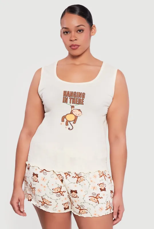 Plus Size Hanging In There Graphic Pajama Top and Shorts made by Rainbow