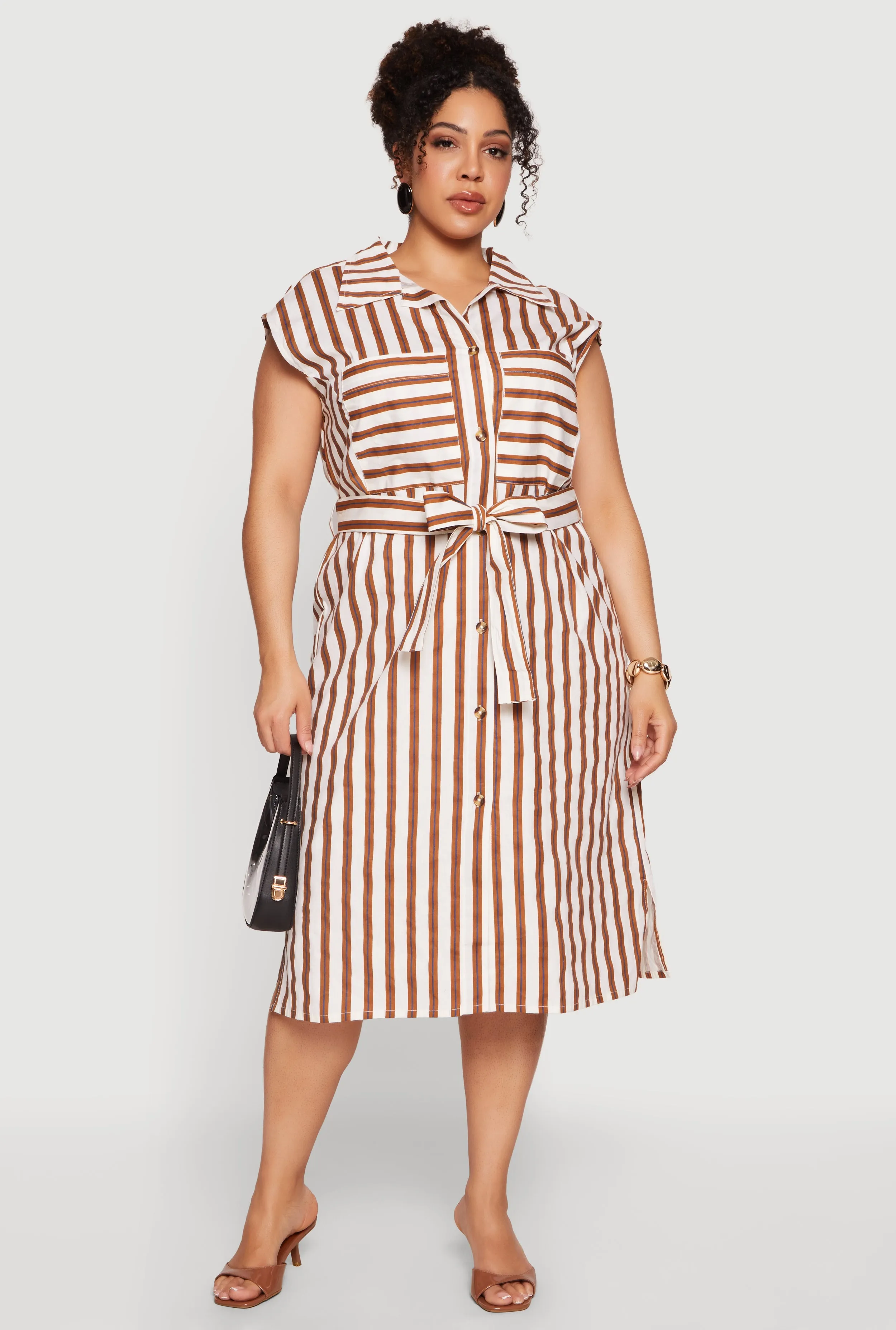 Plus Size Striped Tie Waist Belted Shirt Dress sold by Rainbow
