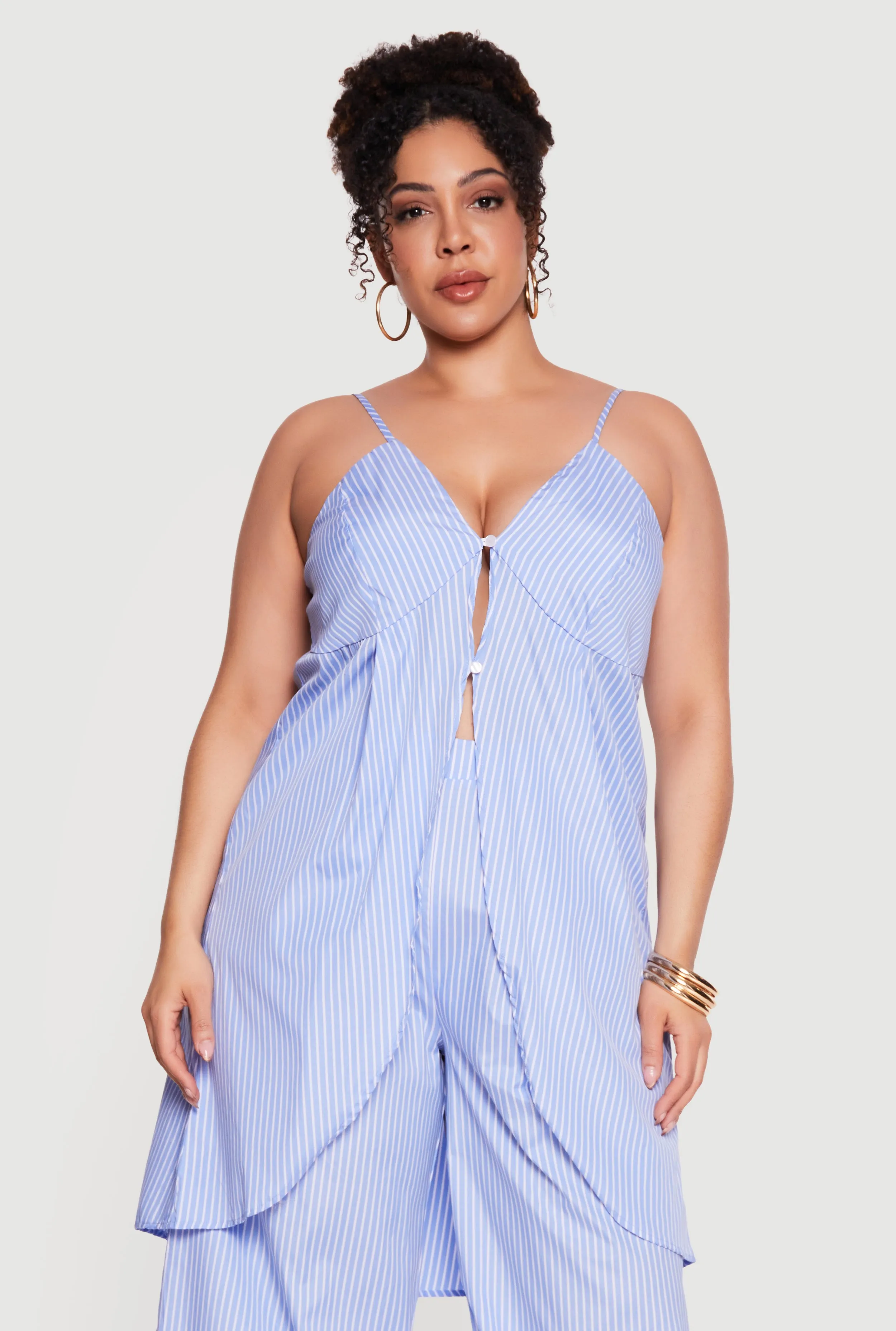 Plus Size Pinstripe Sleeveless Button Front Tunic Blouse sold by Rainbow