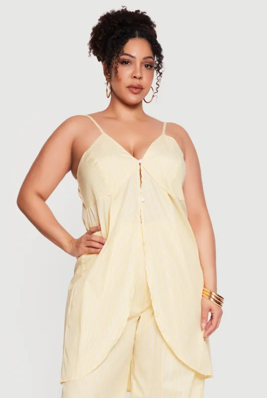 Plus Size Pinstripe Sleeveless Button Front Tunic Blouse made by Rainbow