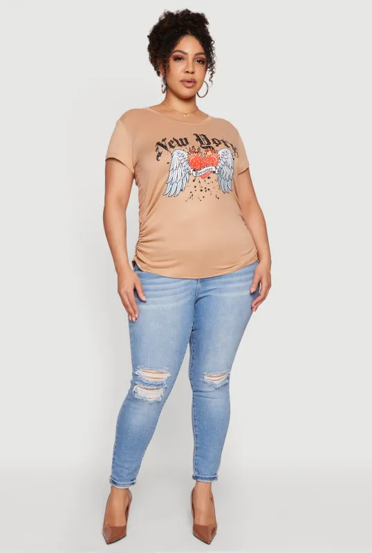 Plus Size New York Dreamer Graphic Side Ruched Tee made by Rainbow