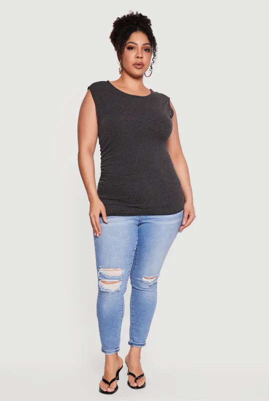 Plus Size Side Ruched Ribbed Knit Top made by Rainbow