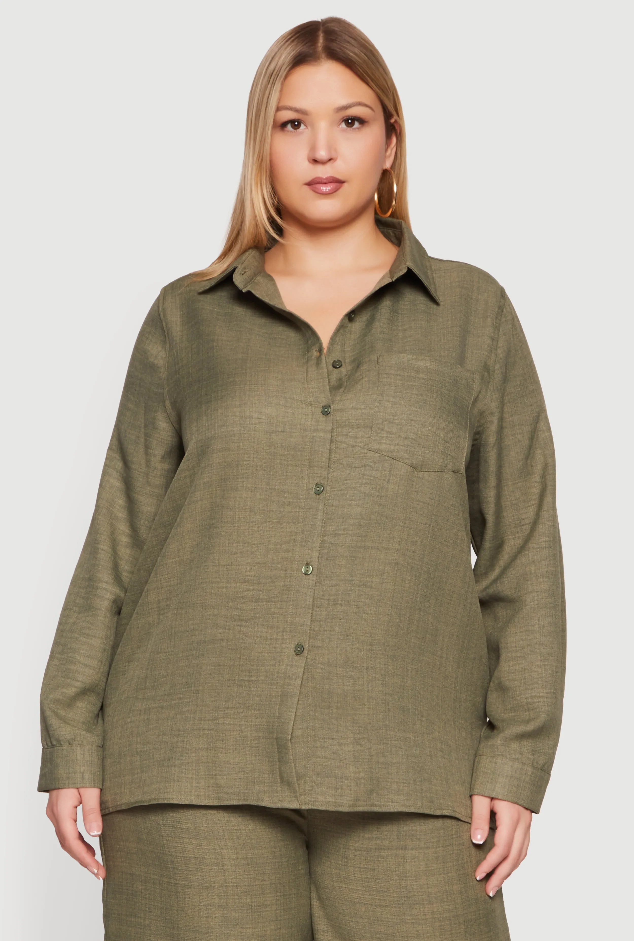 Plus Size Button Front Collared Long Sleeve Shirt sold by Rainbow