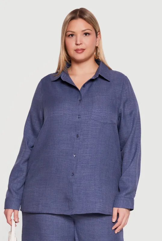 Plus Size Button Front Collared Long Sleeve Shirt made by Rainbow