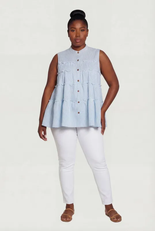 Plus Size Pinstripe Button Front Tiered Peplum Top made by Rainbow