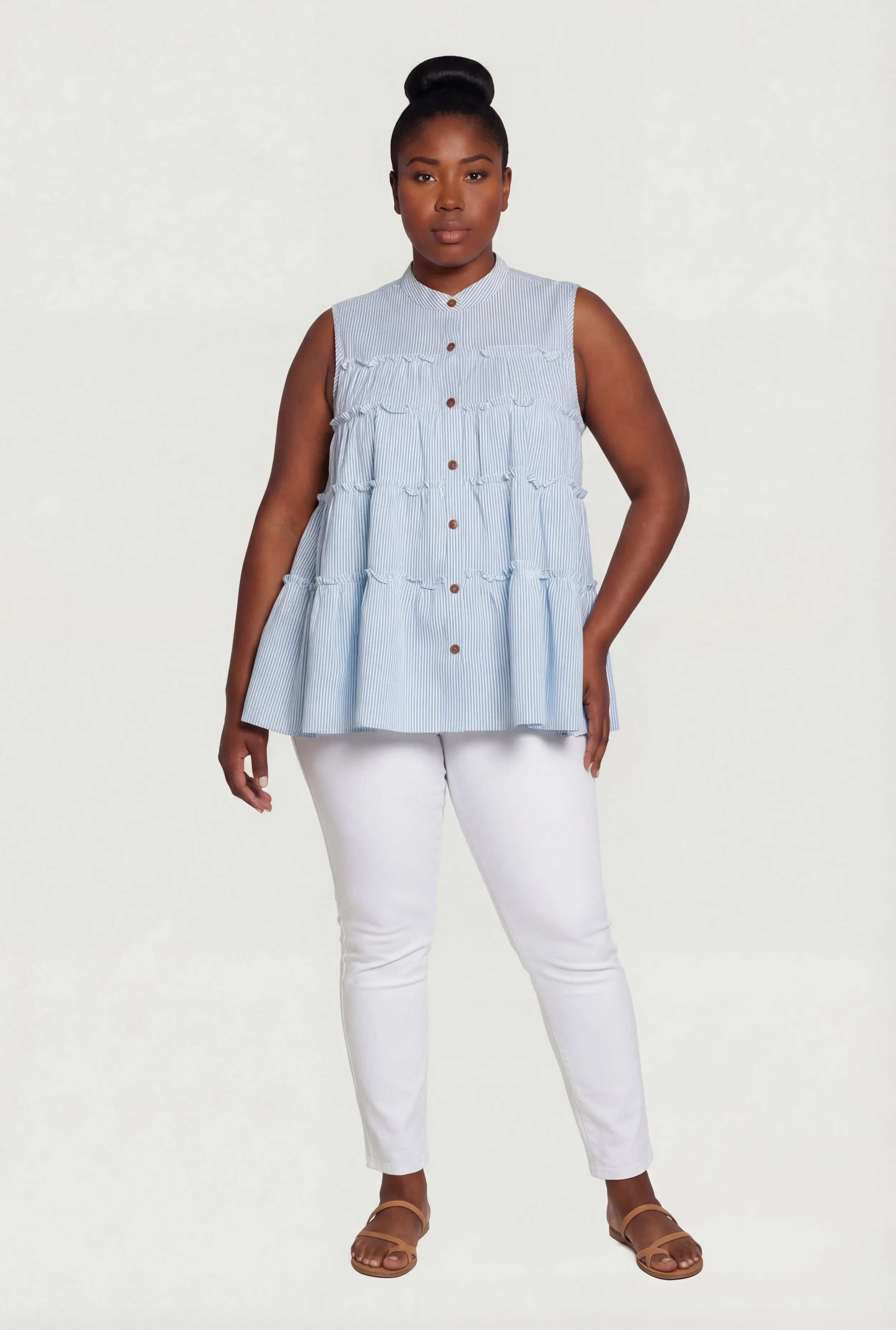 Plus Size Pinstripe Button Front Tiered Peplum Top sold by Rainbow
