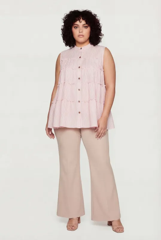 Plus Size Pinstripe Button Front Tiered Peplum Top made by Rainbow
