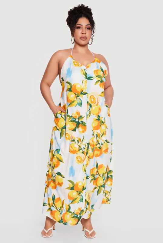Plus Size Lemon Print Halter Maxi Dress with Pockets made by Rainbow
