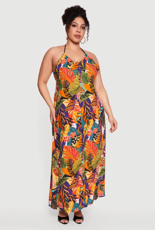 Plus Size Tropical Leaf Print Halter Maxi Dress made by Rainbow
