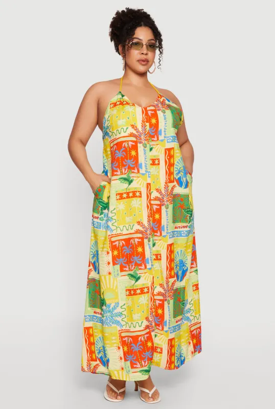 Plus Size Patterned Halter Maxi Dress with Pockets made by Rainbow