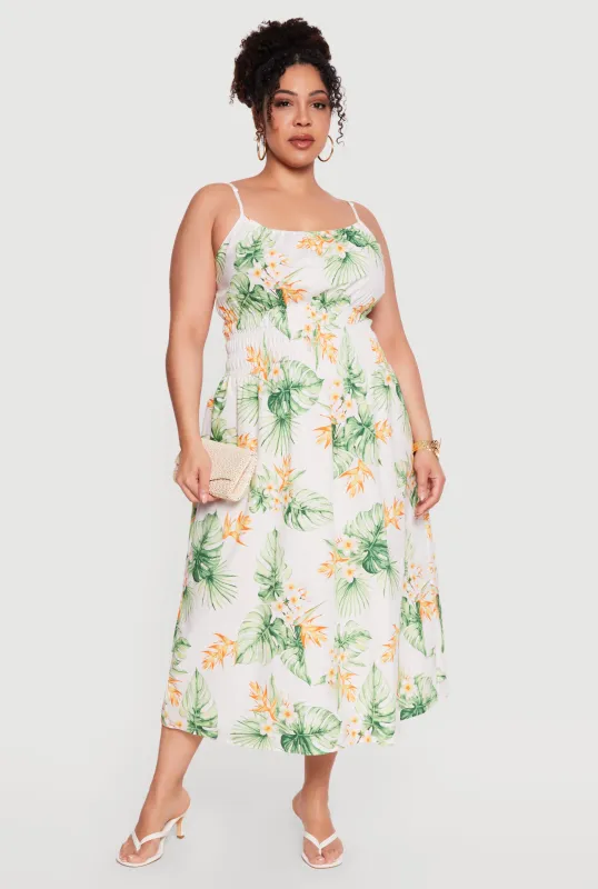 Plus Size Tropical Floral Smocked Waist Cami Dress made by Rainbow