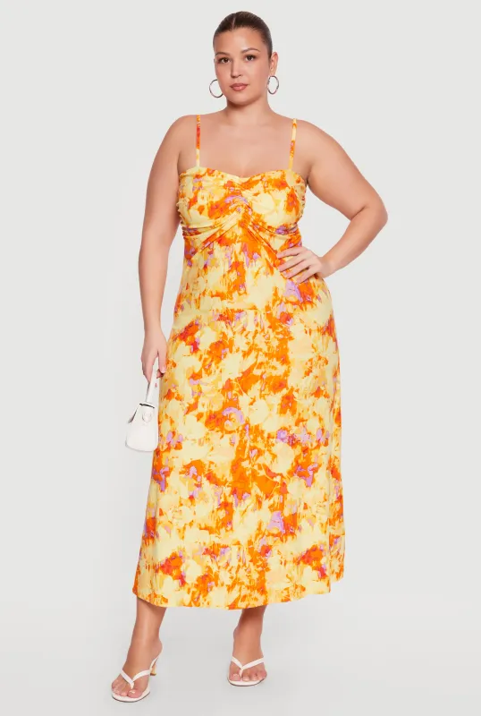 Plus Size Floral Ruched Front Cami Maxi Dress made by Rainbow