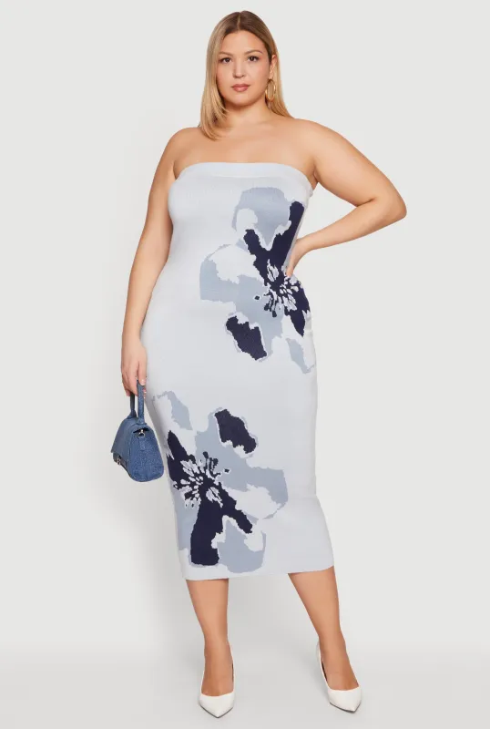 Plus Size Abstract Floral Print Zip Back Tube Dress made by Rainbow