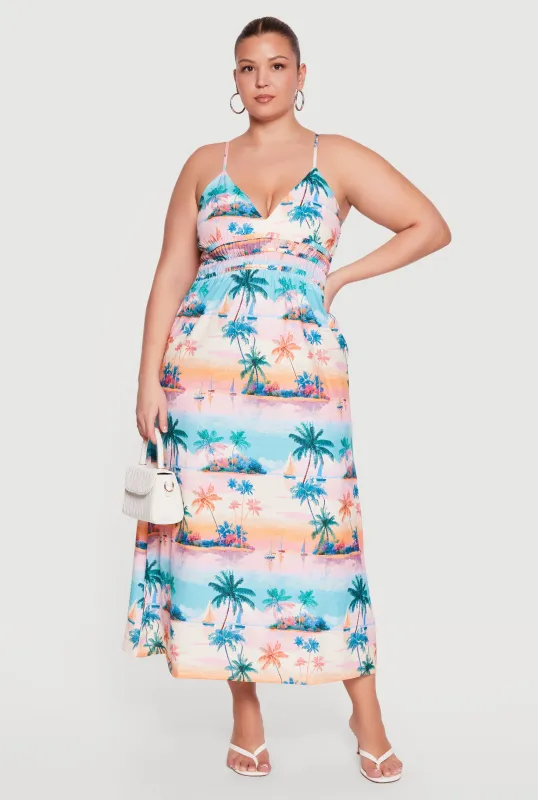 Plus Size Tropical Island Print Cami Maxi Dress made by Rainbow