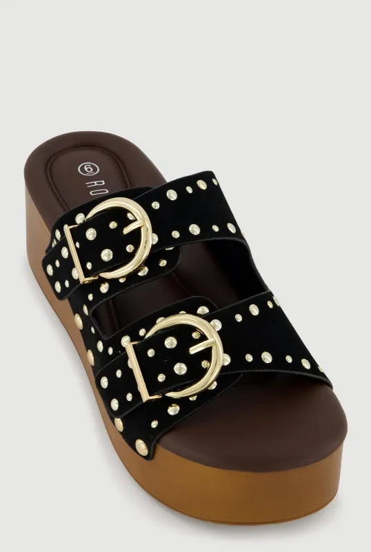 Studded Metallic Double Banded Open Toe Wedge Sandals made by Rainbow