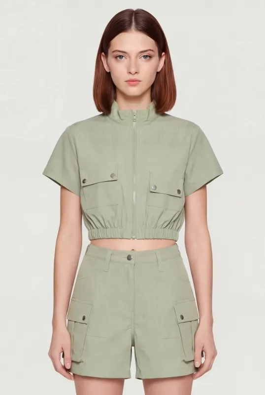Cropped Zip Front Mock Neck Cargo Top made by Rainbow