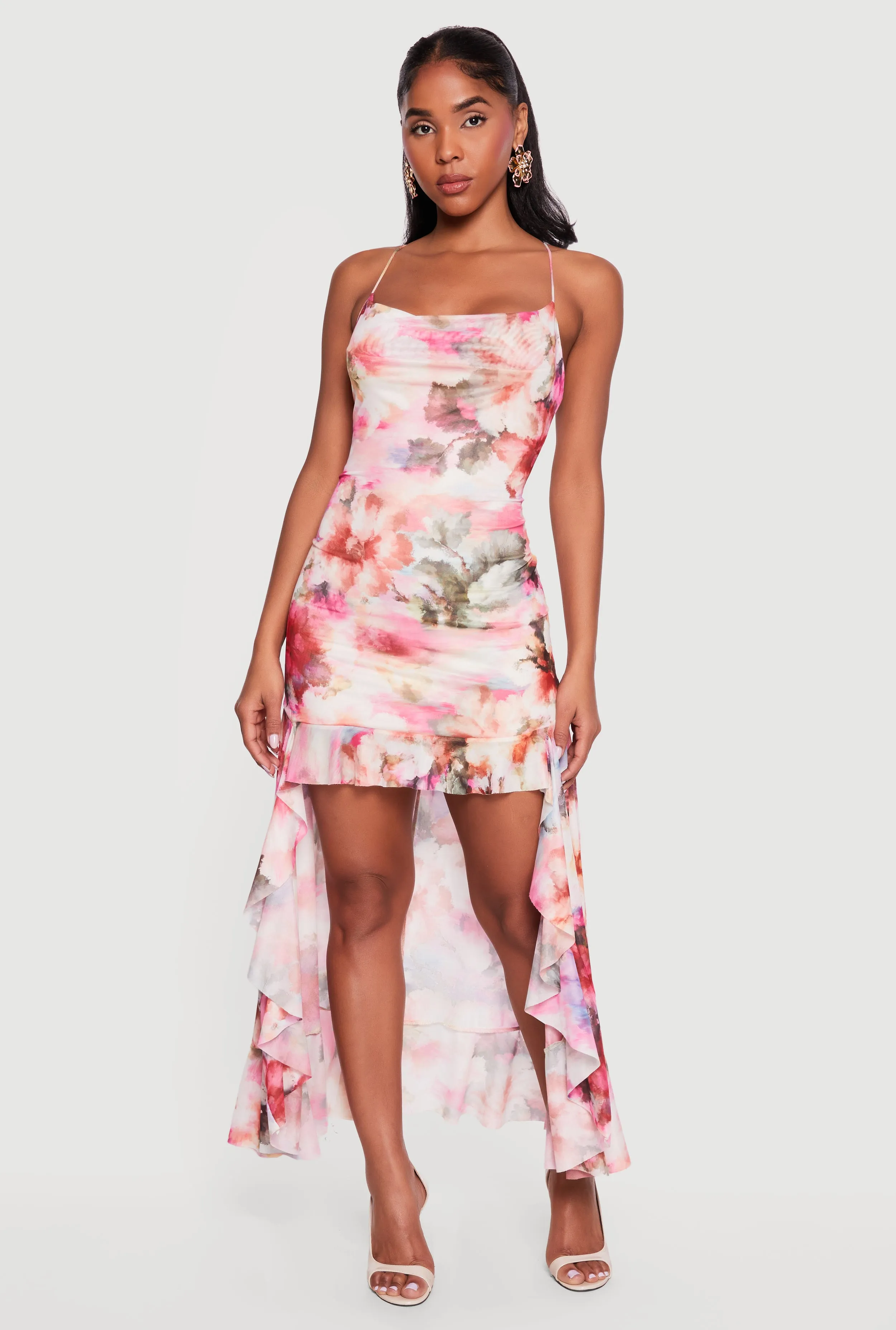 Floral Ruffle Trim High Low Cowl Neck Dress sold by Rainbow