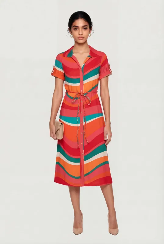 Abstract Swirl Button Front Shirt Dress with Rope Belt made by Rainbow
