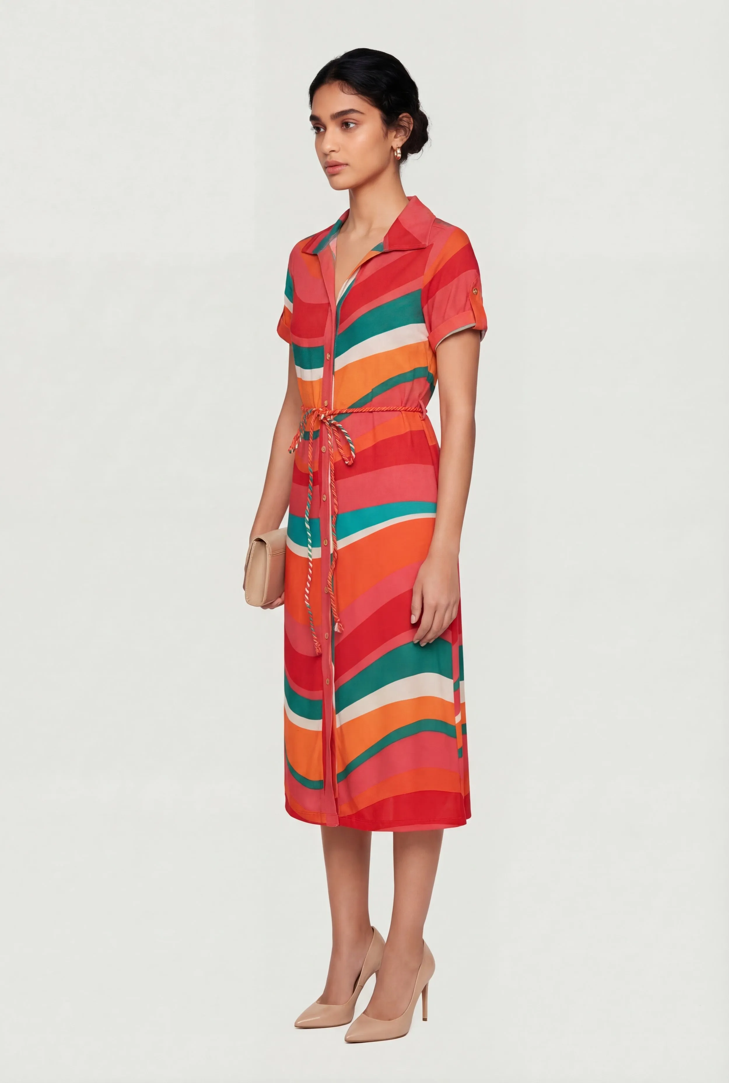 Abstract Swirl Button Front Shirt Dress with Rope Belt sold by Rainbow product image thumbnail 2