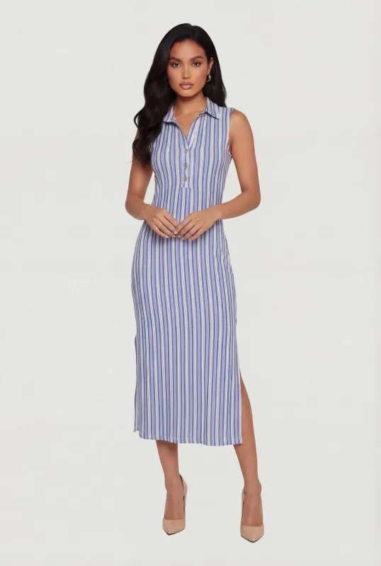 Striped Sleeveless Side Slit Polo Dress made by Rainbow