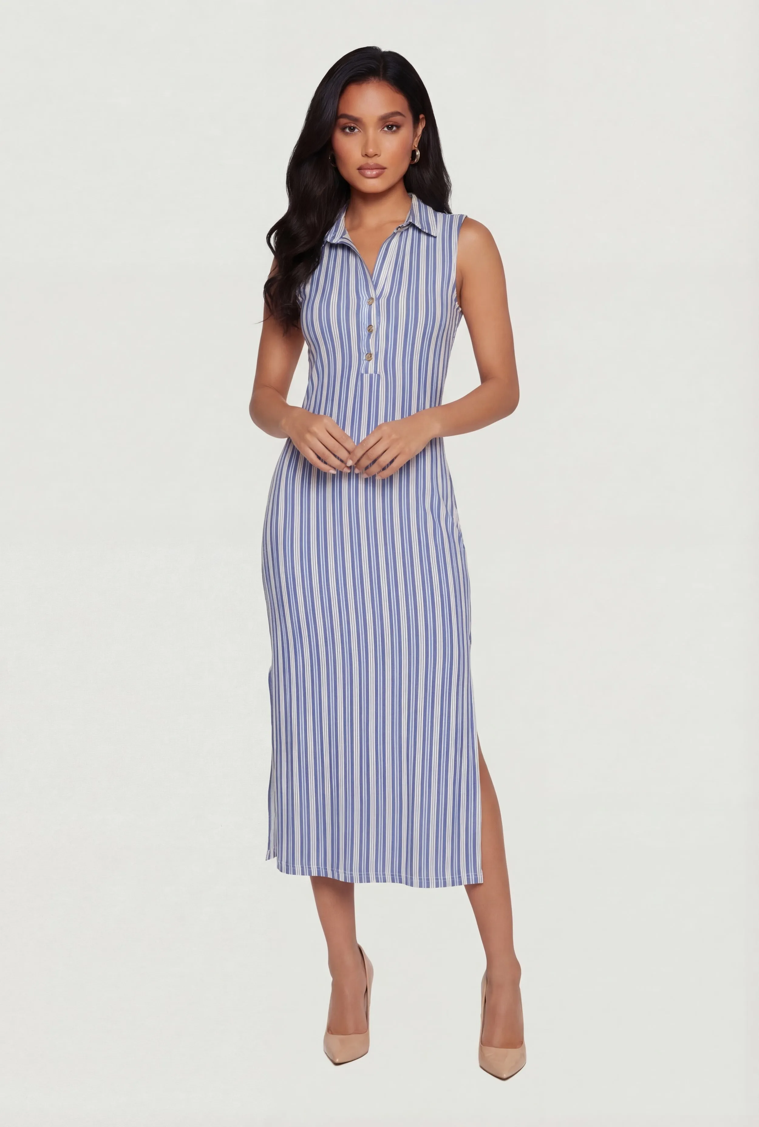 Striped Sleeveless Side Slit Polo Dress sold by Rainbow