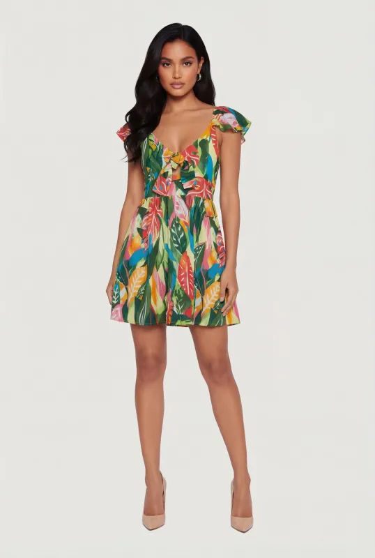 Leaf Print Flutter Sleeve Tie Front Mini Dress made by Rainbow