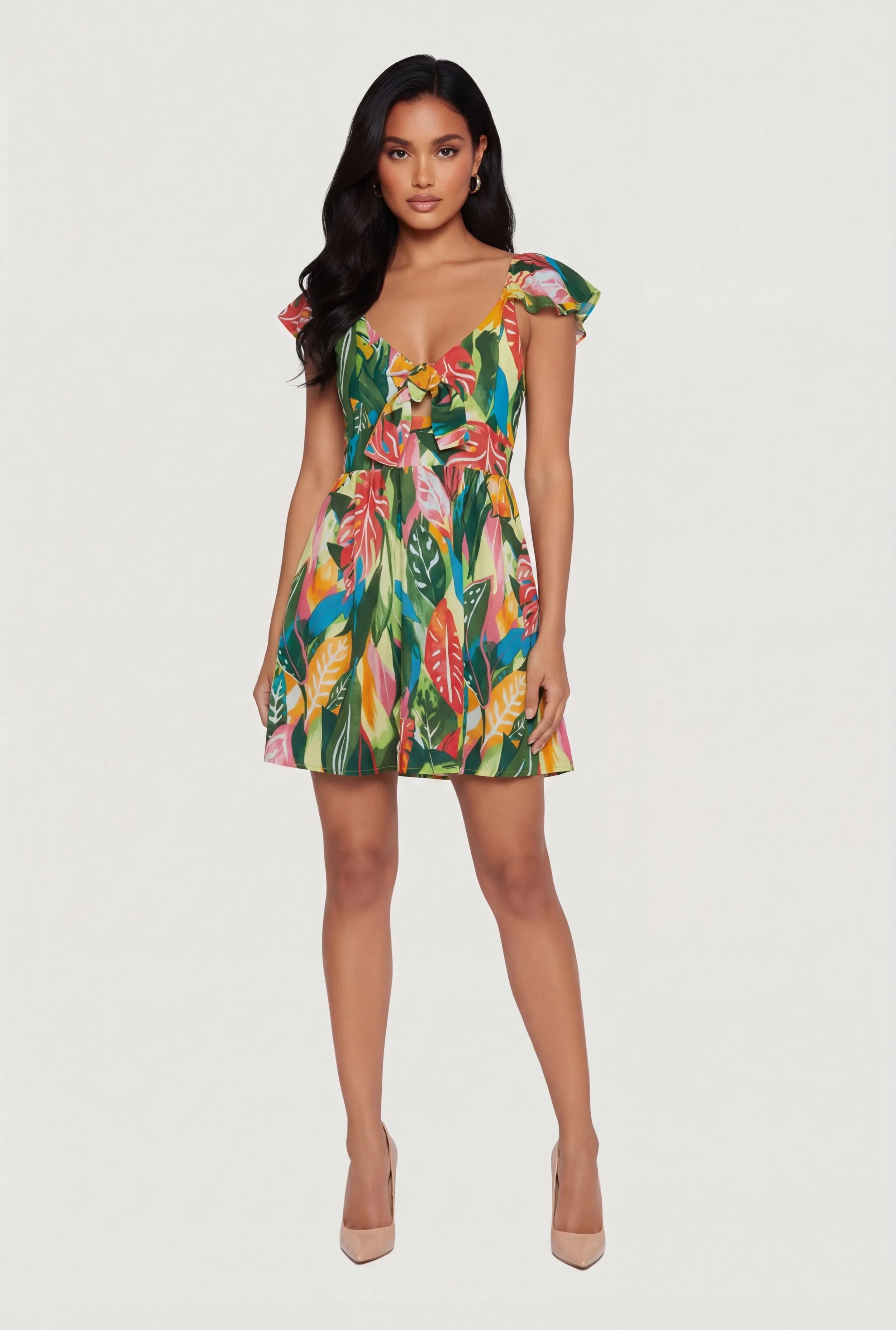 Leaf Print Flutter Sleeve Tie Front Mini Dress sold by Rainbow