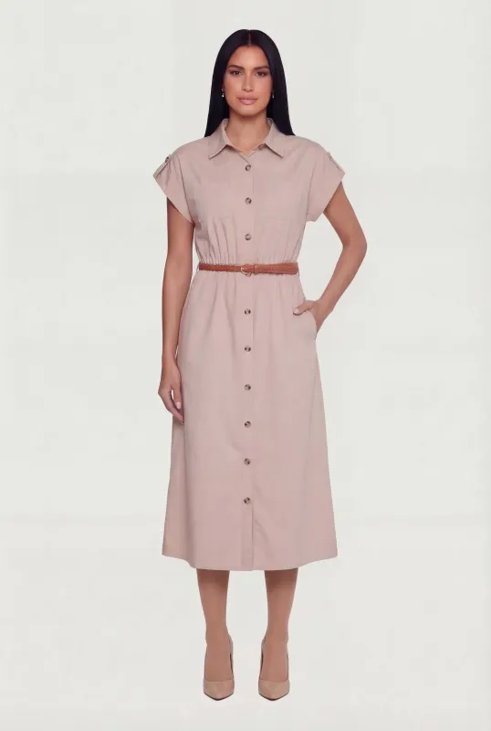 Poplin Pocket Shirt Dress with Belt made by Rainbow