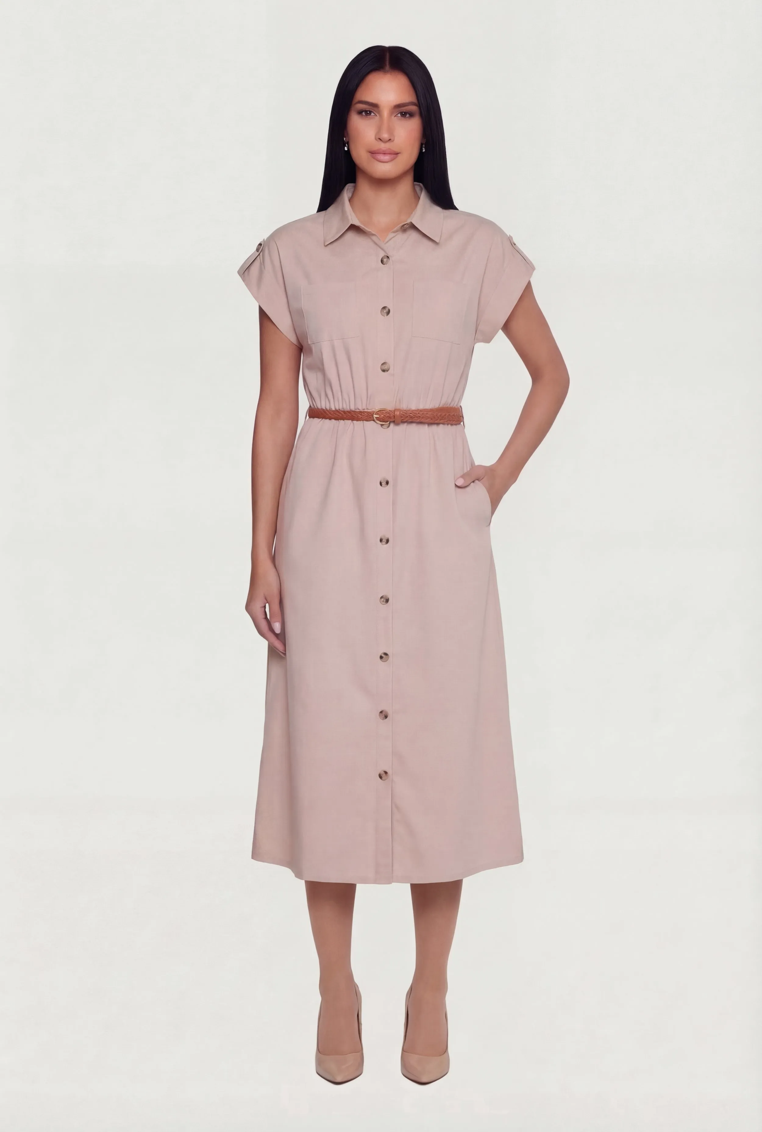 Poplin Pocket Shirt Dress with Belt sold by Rainbow