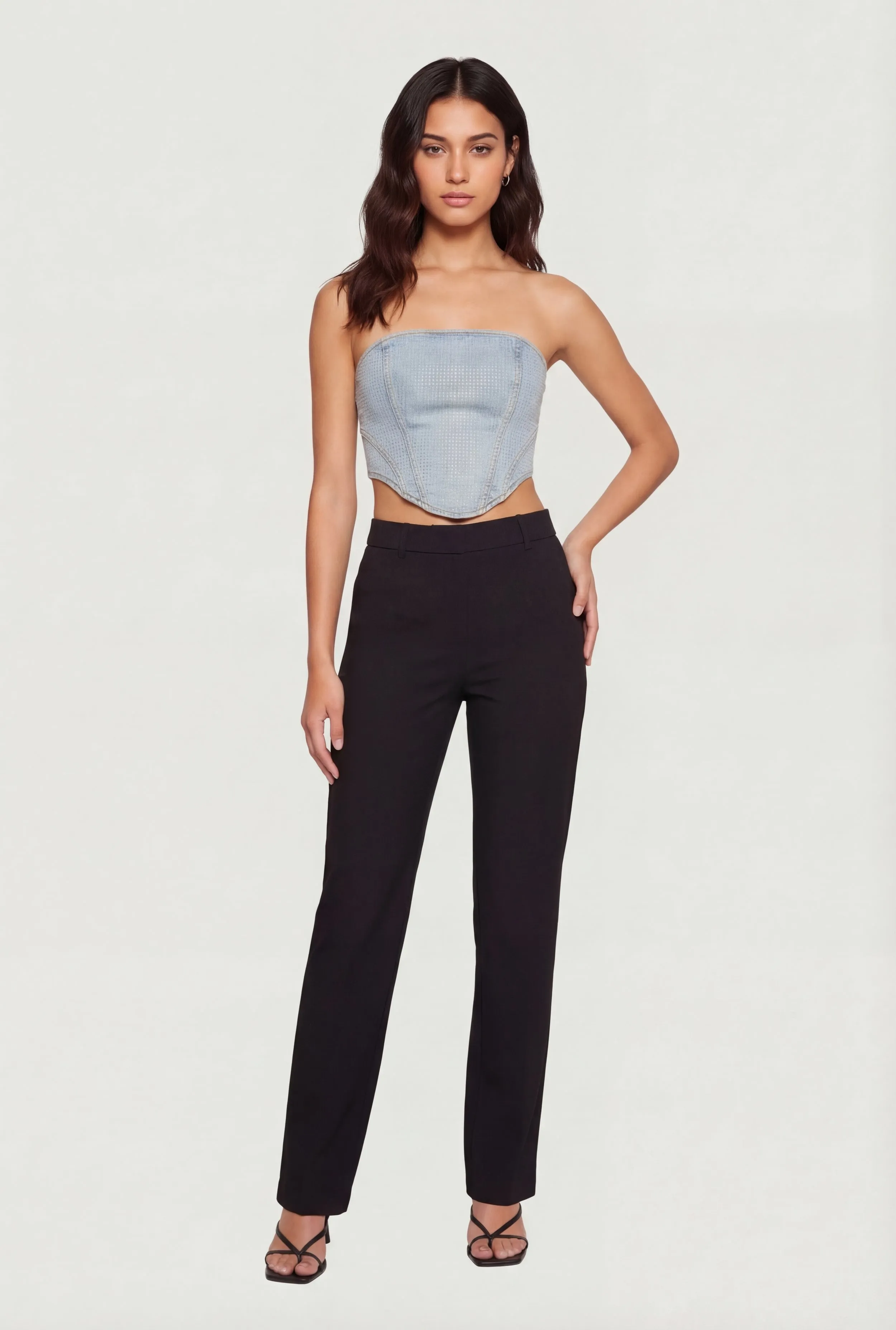 Rhinestone Studded Denim Lace Up Back Cropped Corset sold by Rainbow product image thumbnail 2