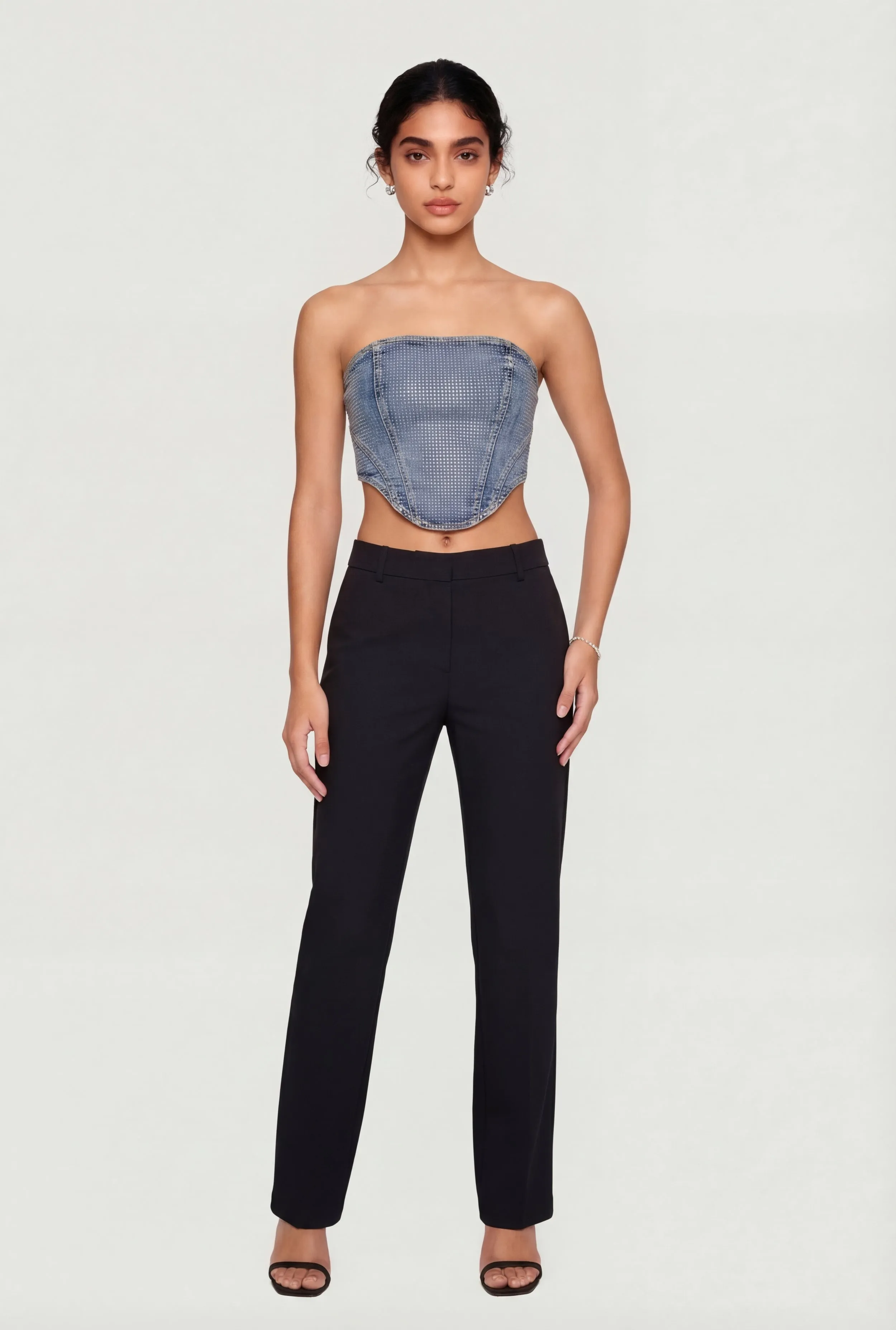 Rhinestone Studded Denim Lace Up Back Cropped Corset sold by Rainbow product image thumbnail 4