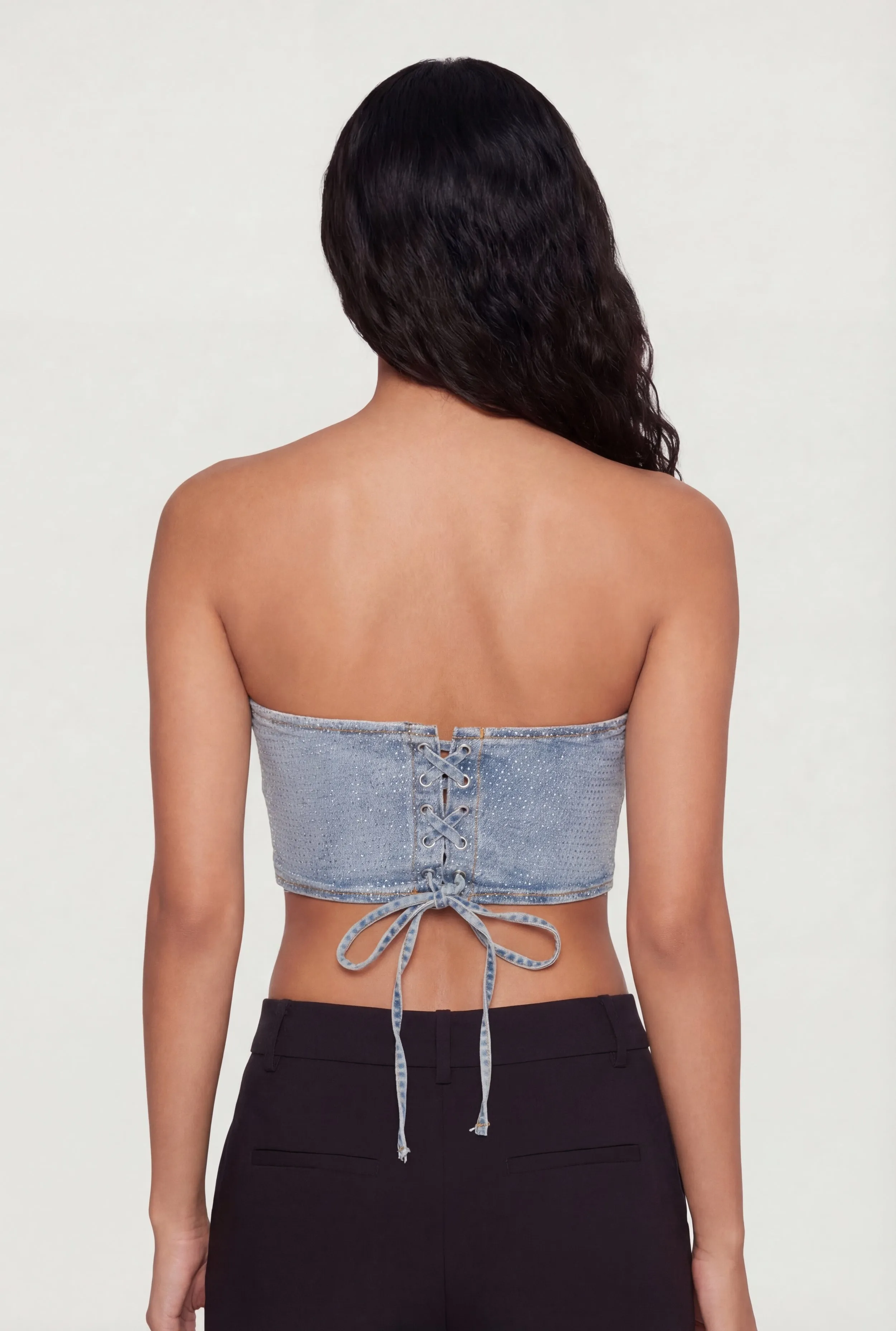 Rhinestone Studded Denim Lace Up Back Cropped Corset sold by Rainbow product image thumbnail 5