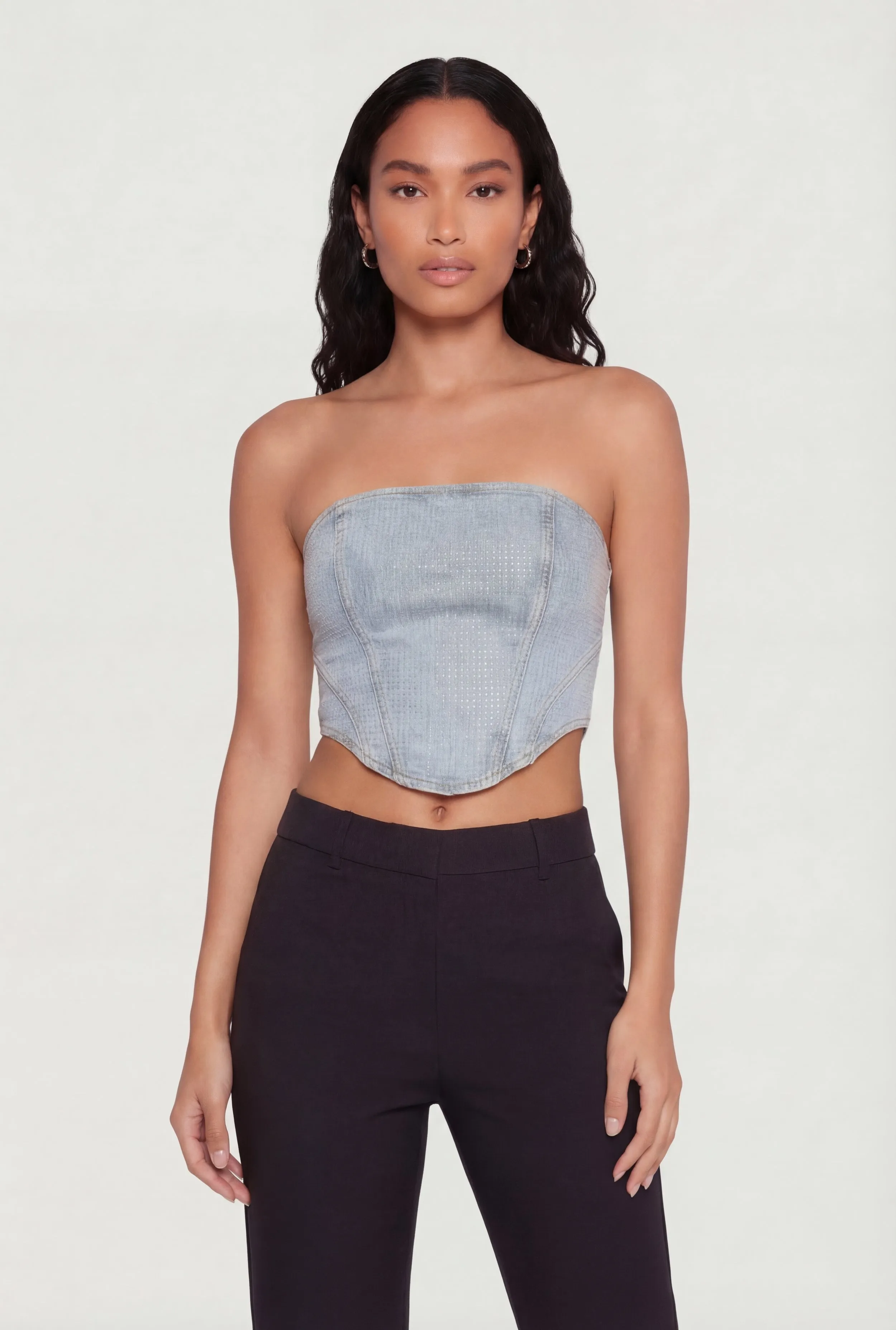 Rhinestone Studded Denim Lace Up Back Cropped Corset sold by Rainbow product image thumbnail 2