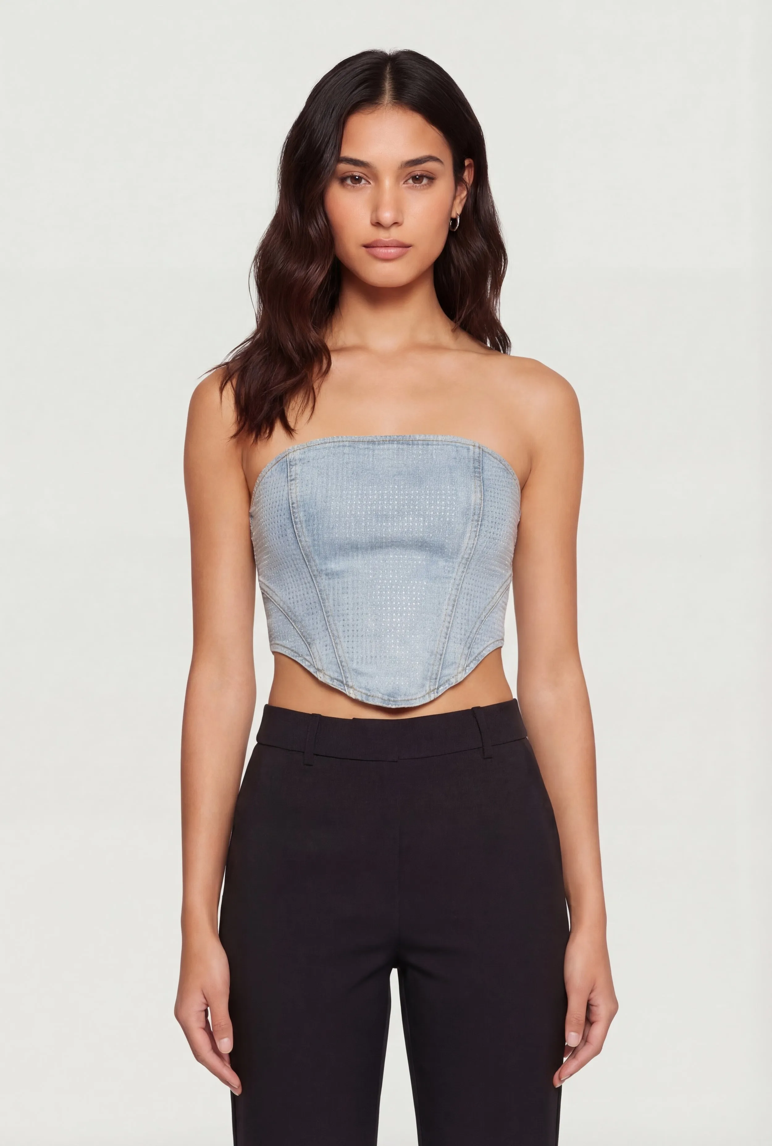 Rhinestone Studded Denim Lace Up Back Cropped Corset sold by Rainbow product image thumbnail 2