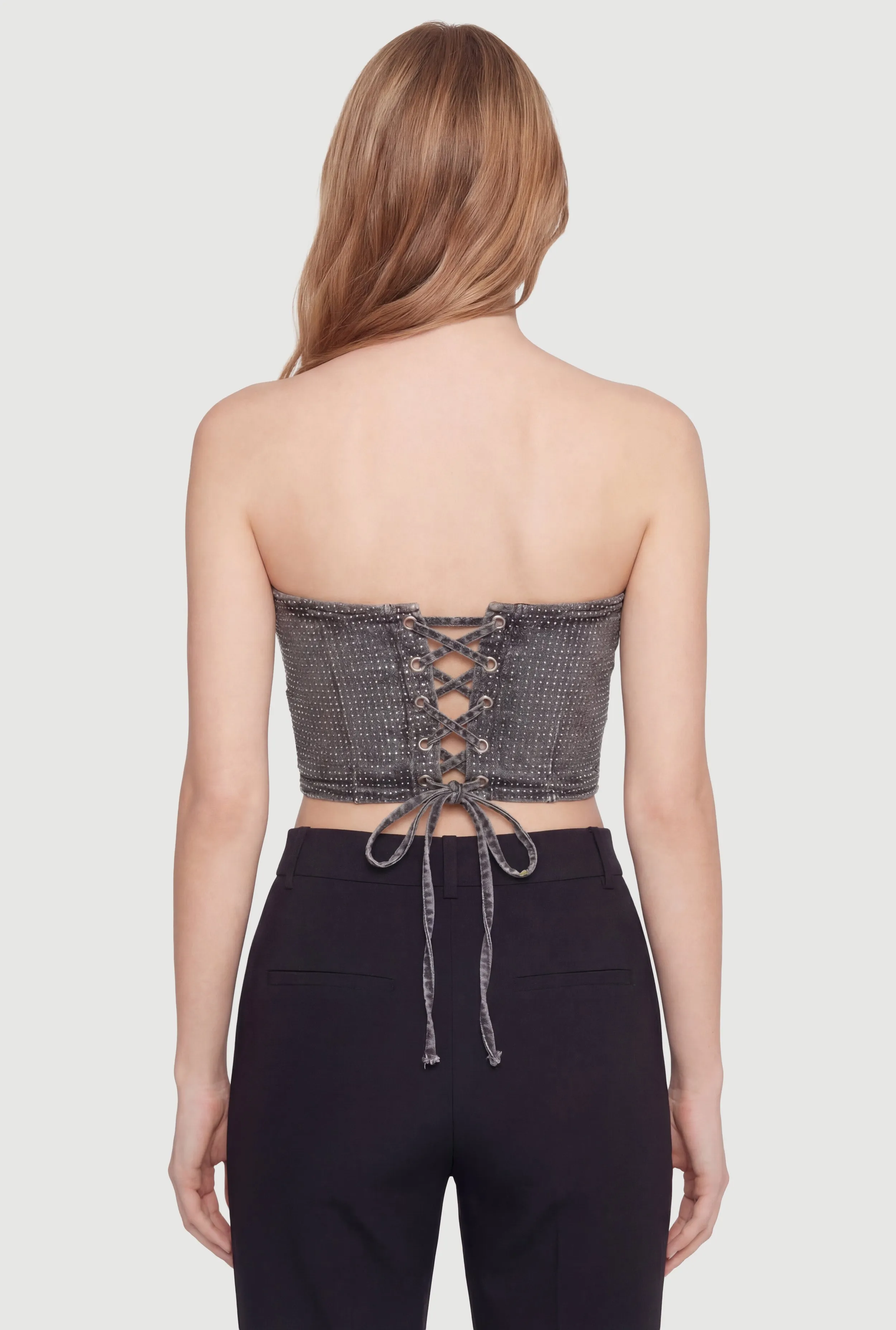 Rhinestone Studded Denim Lace Up Back Cropped Corset sold by Rainbow product image thumbnail 5