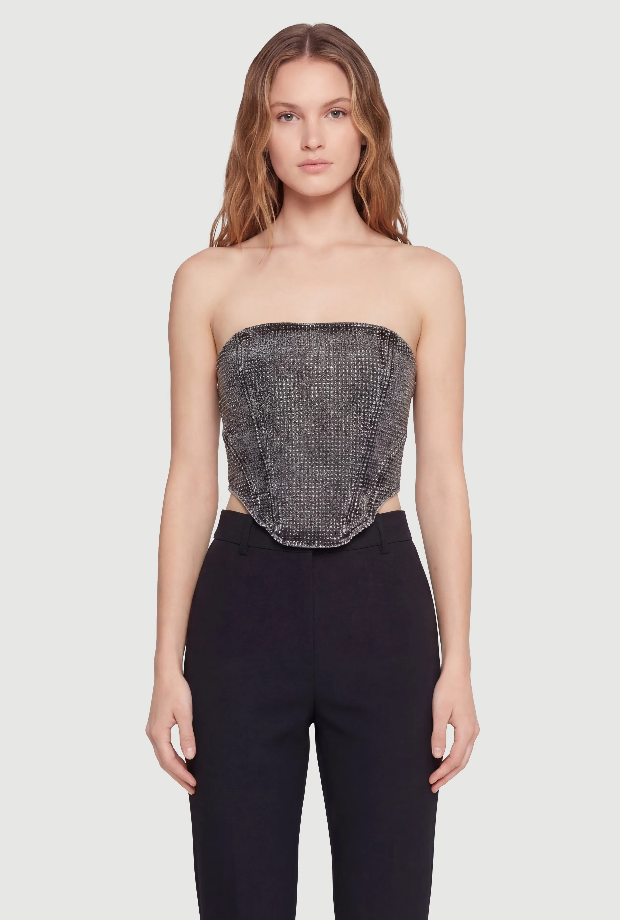 Rhinestone Studded Denim Lace Up Back Cropped Corset sold by Rainbow product image thumbnail 2