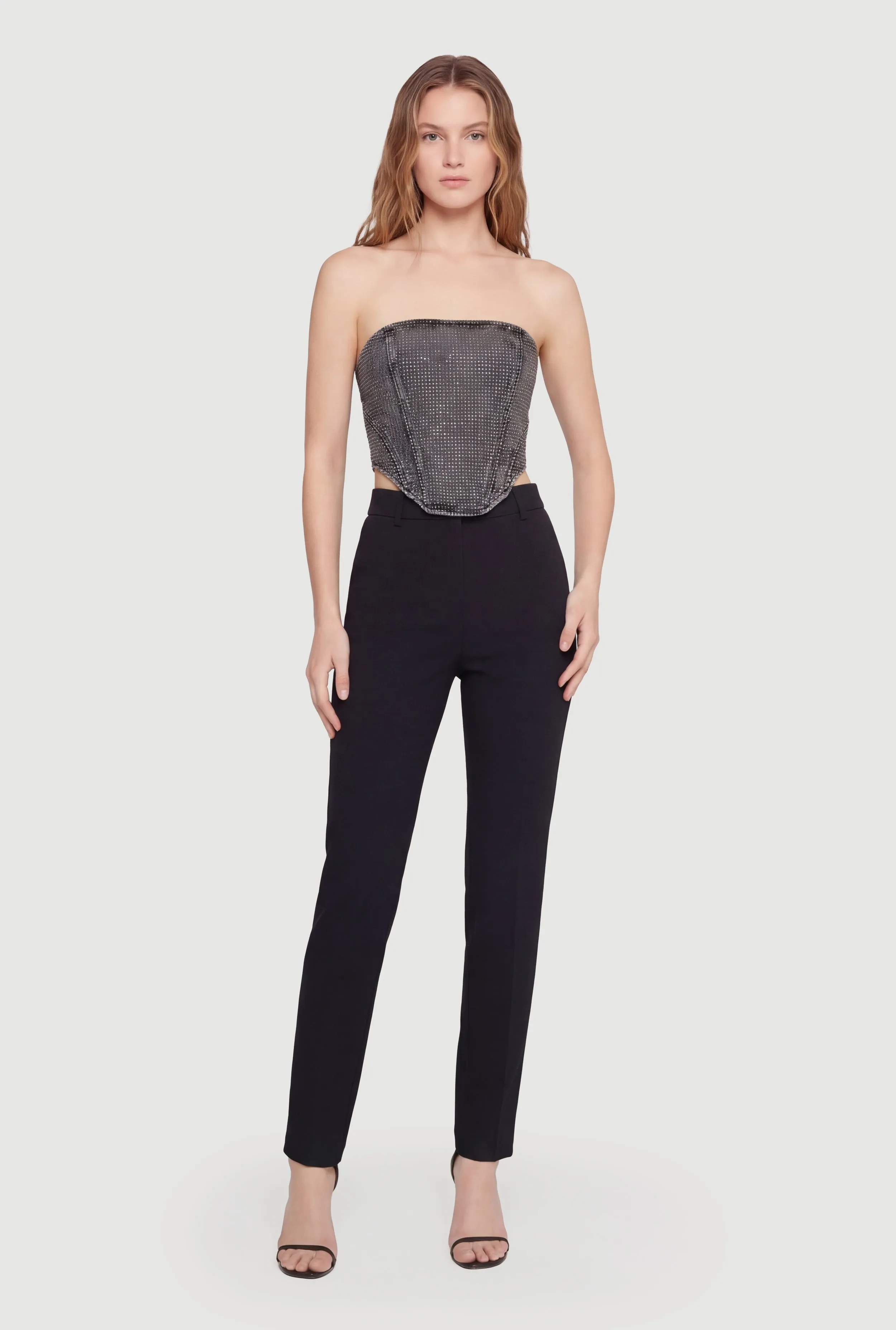 Rhinestone Studded Denim Lace Up Back Cropped Corset sold by Rainbow