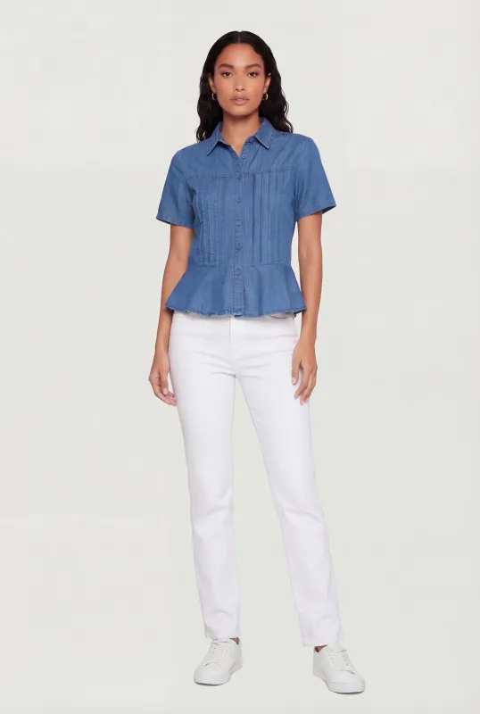 Pintuck Button Front Short Sleeve Peplum Top made by Rainbow