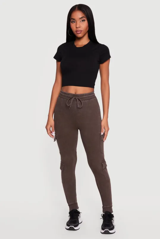 Drawstring Waist Acid Wash Fleece Lined Cargo Joggers made by Rainbow