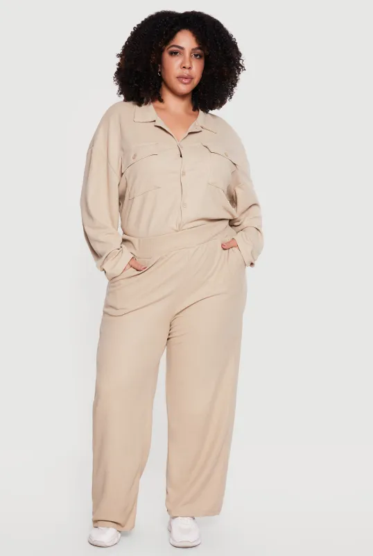 Plus Size Wide Leg Textured Knit Pants made by Rainbow