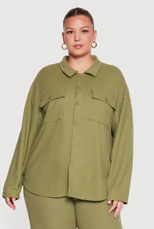 Plus Size Textured Knit Button Front Shirt made by Rainbow