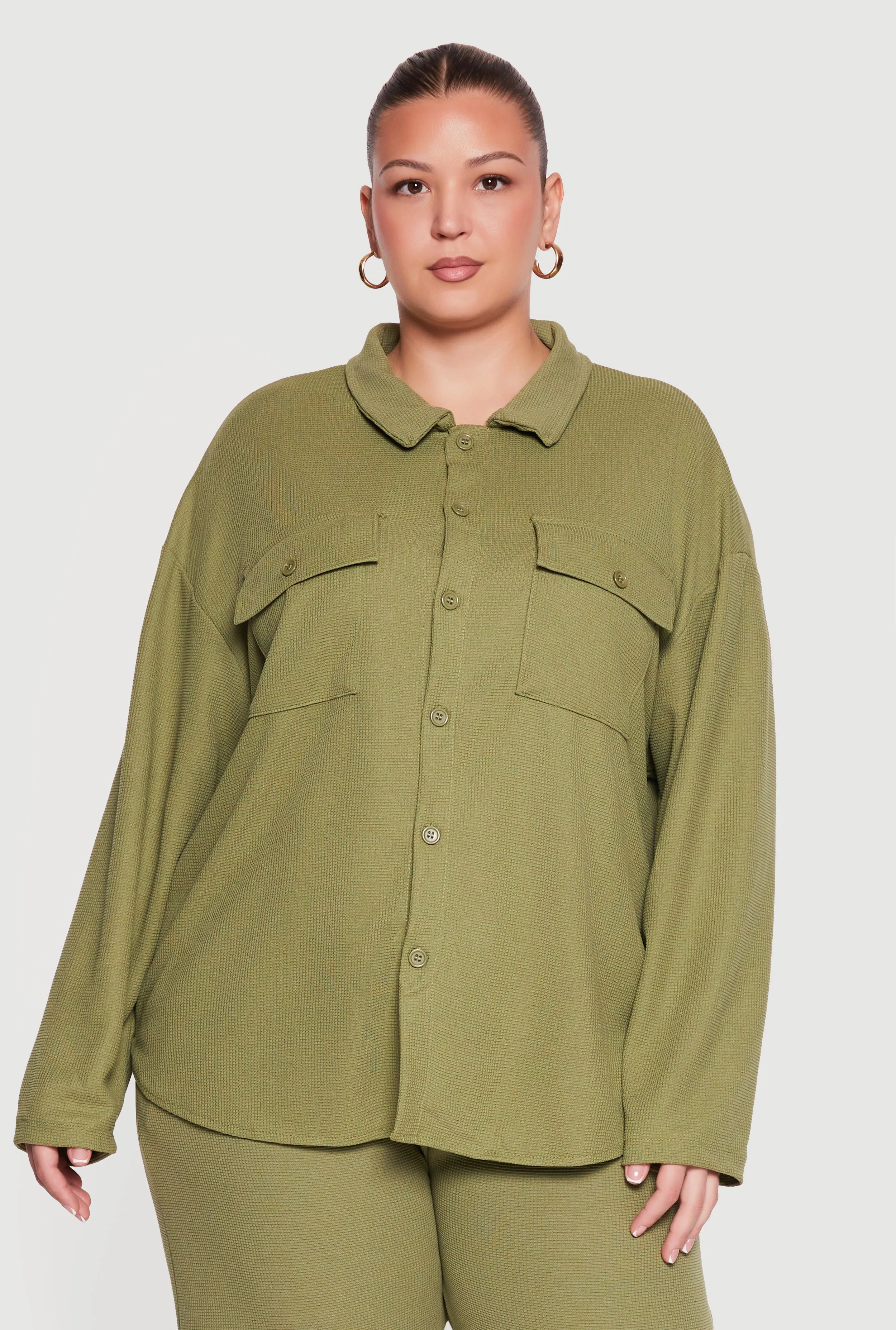Plus Size Textured Knit Button Front Shirt sold by Rainbow